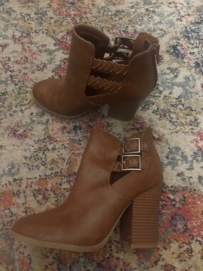 Women’s Brown Block Heel Ankle Boot with Buckle Detail